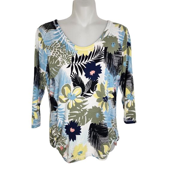 T by Talbots Womens Tee T Shirt Size SP Floral Grommet Tab 3/4 Sleeve Scoop Neck - Picture 1 of 10